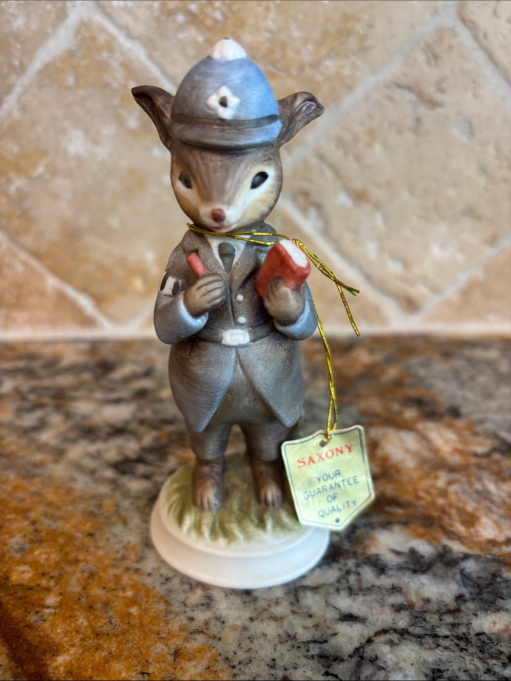 Precious Saxony Vintage Porcelain Animal Figurine in Gray & Blue-EUC